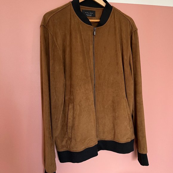 Zara Men's Bomber Jacket. Suede. Tan with Black Detailing. Large. - Picture 5 of 5